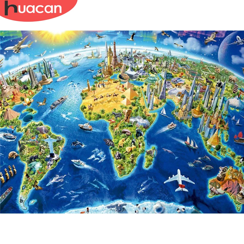 

HUACAN 5D DIY Diamond Embroidery Map Full Square/Round Diamond Painting Cross Stitch Landscape Craft Kit Home Decoration