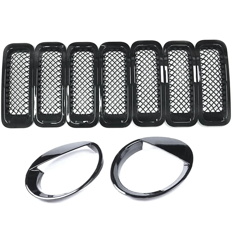 9Pcs Front Grille Grill Mesh Grille Insert Kit + Style Headlight Lamp Cover Trim for Jeep Patriot 2011-2016