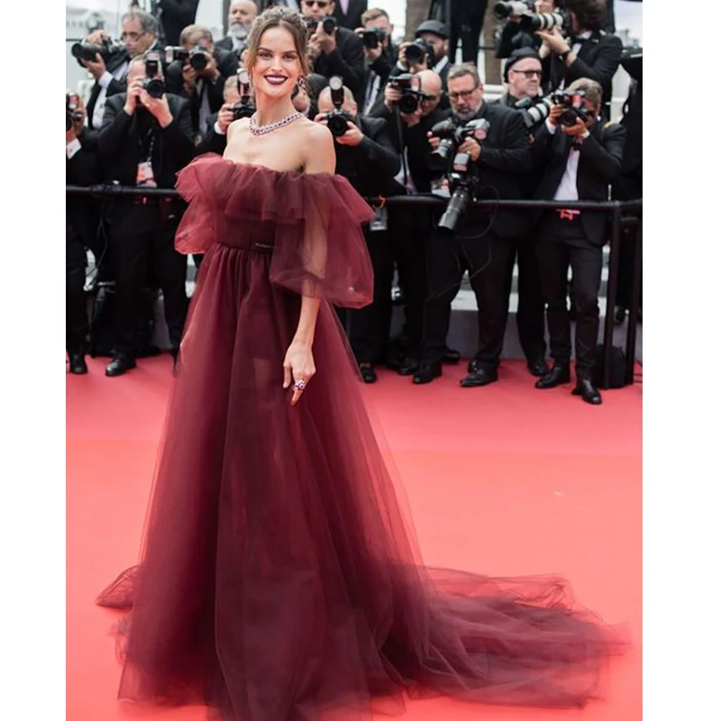 

Verngo Celebrity Dress Elegant Red Carpet Dresses Off The Shoulder Vestidos De Famosas Simple Tulle Evening Gown Prom Party