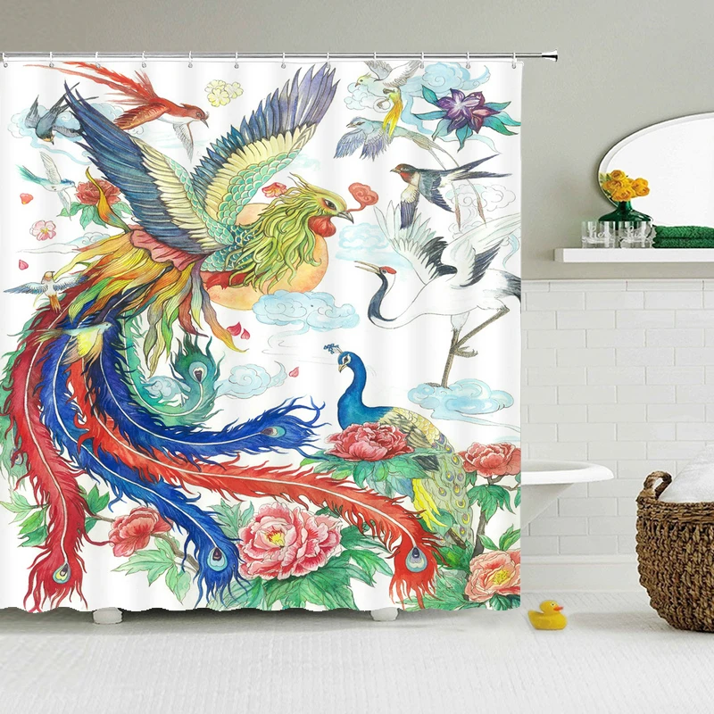 

Waterproof Polyester Fabric Shower Curtain with 12 Hook Chinese landscape flower bird Bath Curtain Home Decor Bathroom Curtains