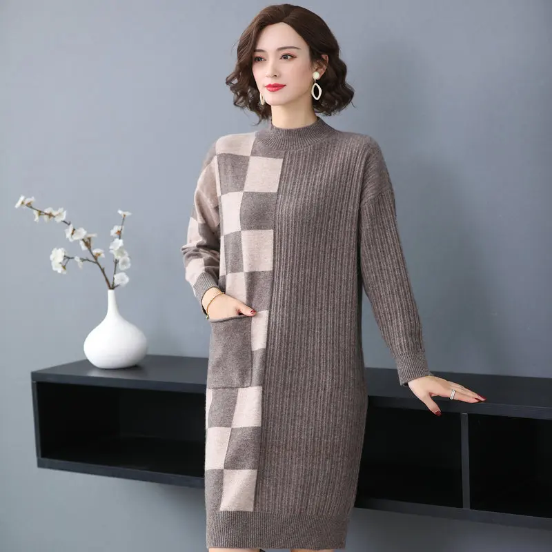 

Women Plaid Cashmere Dress Winter Elegant Checked Soft Warm Wool Knitted Dresses Black Camel Crew Neck One Piece Knitwear Woman