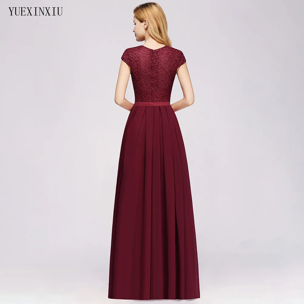 Очаровательное бордовое кружевное шифоновое длинное вечернее платье 2019