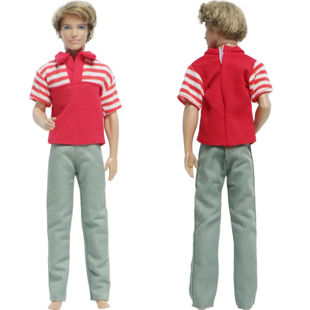 Набор мужской наряд Красная рубашка в полоску короткий рукав серые брюки одежда для куклы Барби Кен аксессуары детская игрушка.