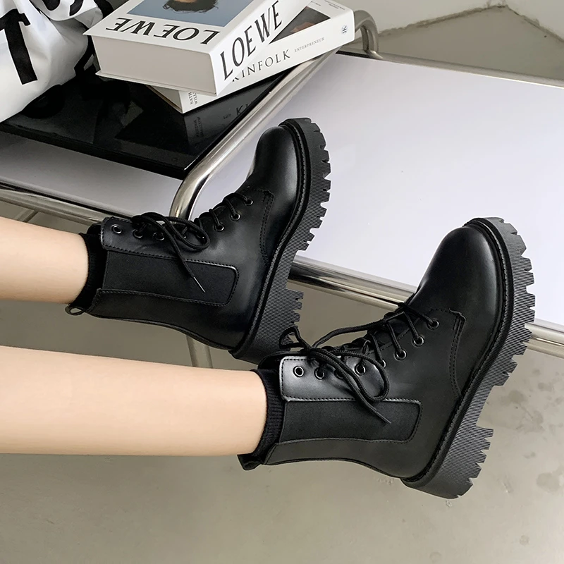 

Square Heels Platform Ankle Boots Women Autumn Pu Leather Lace Up Motorcycle Boots Woman Black Short Chelsea Shoes Ladies