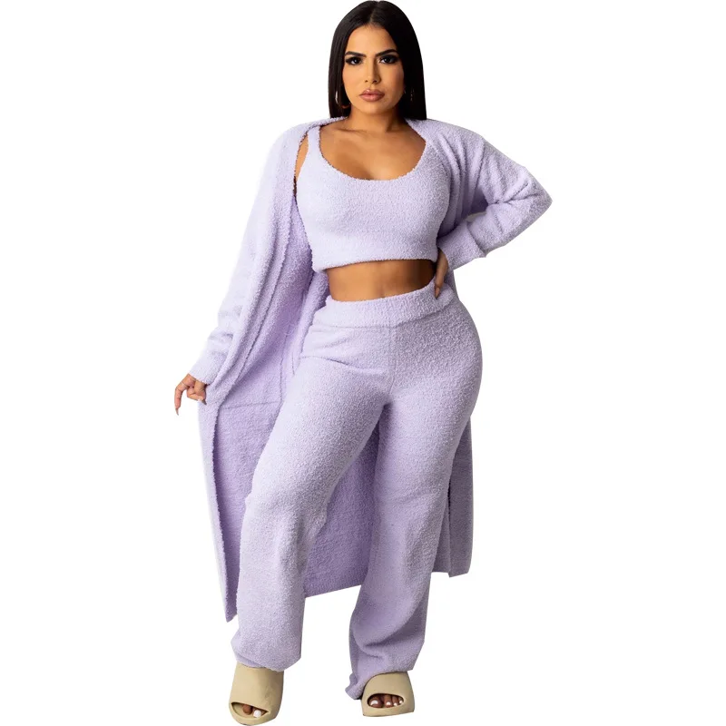 

Женский бархатный кардиган с плюшевой подкладкой, Длинный топ с майкой и брюки, костюмы, осенняя новая однотонная Повседневная Домашняя оде...