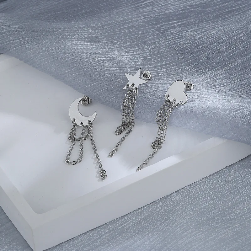 

ALLNEWME Lovely 3 Styles Silver Color Star Moon Love Heart Pendant Earrings for Women Girls Long Chain Tassel Earrings Jewelry