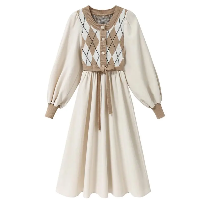 

Women Patchwork Knitted Dress Spring Casual O Neck Long Sleeve A-line Dress Single-breasted Sweater Dresses Bandage Vestidos