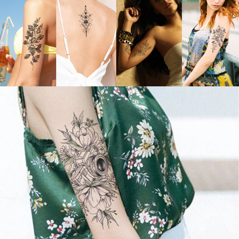 21x10 см Черно-белый цветок временная тату-наклейка искусственная красота пион