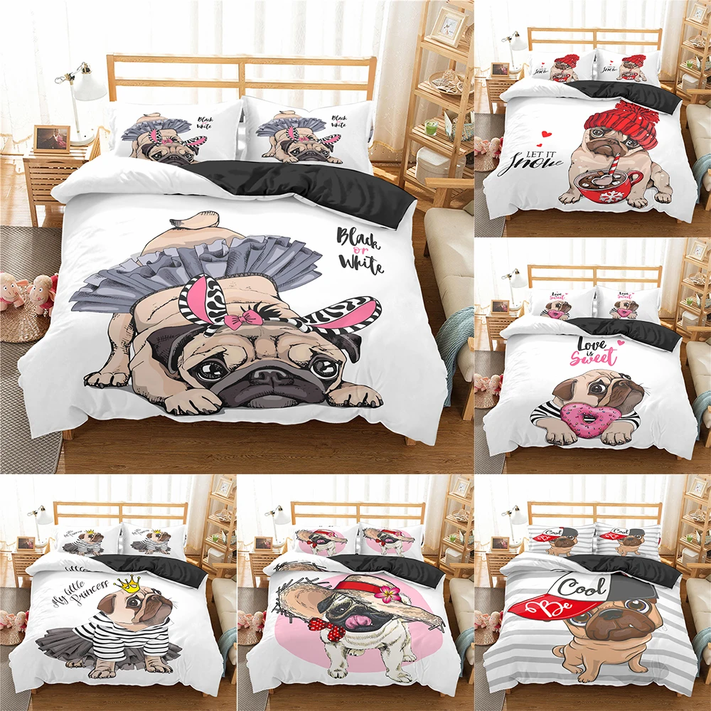 

2021 3D Cute Dog Bedding Set Pug Dog Bed Linen Duvet Cover Pillowcases Twin Full Queen King Size comforter bedding sets