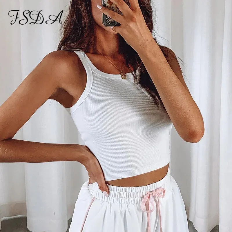 Женский ТРИКОТАЖНЫЙ УКОРОЧЕННЫЙ ТОП FSDA белый базовый пикантный Топ без рукавов