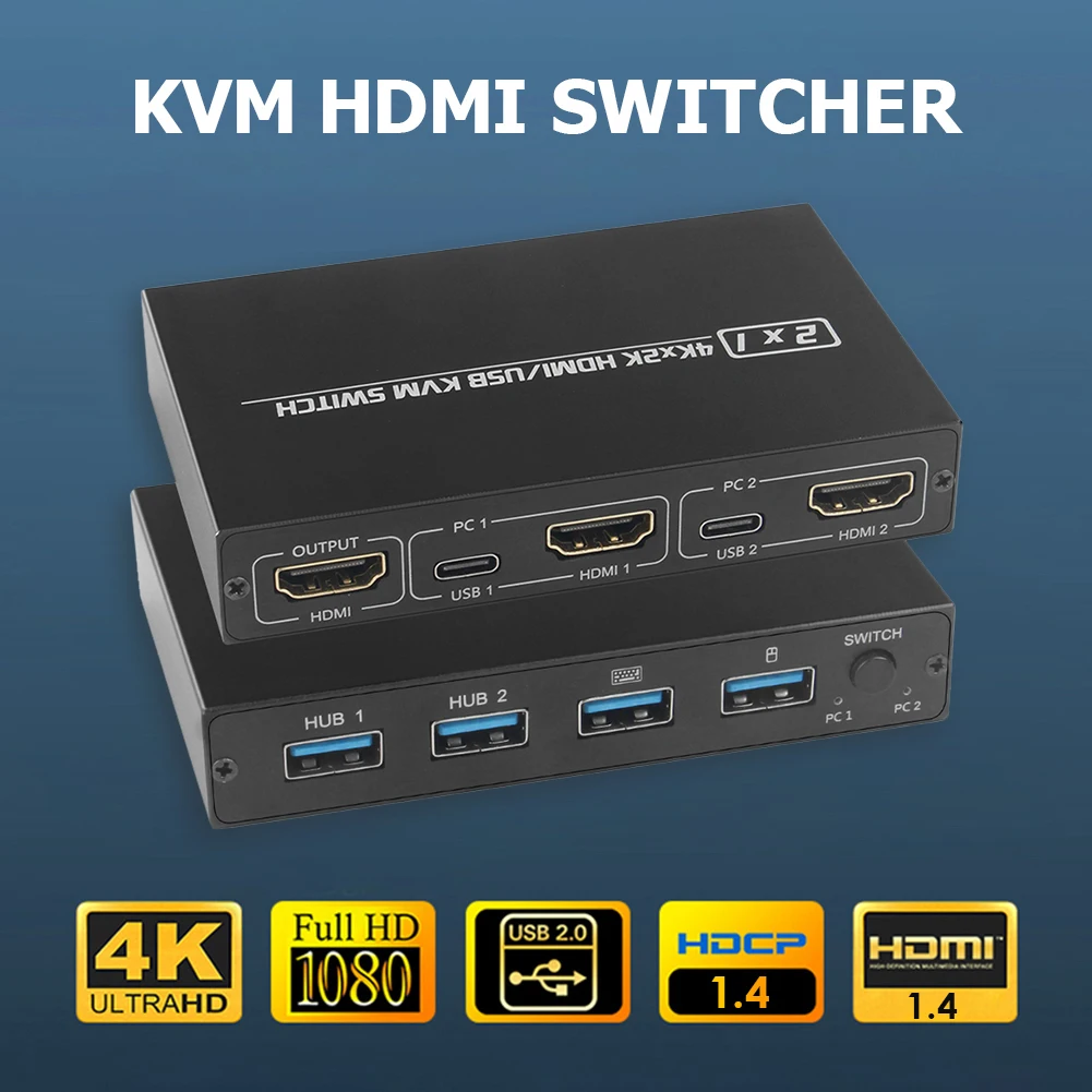 

KVM Switch Computer Accessories 2 Port 4K Household for 2 PC Sharing One Monitor Keyboard Mouse Printer HDMI-compatible