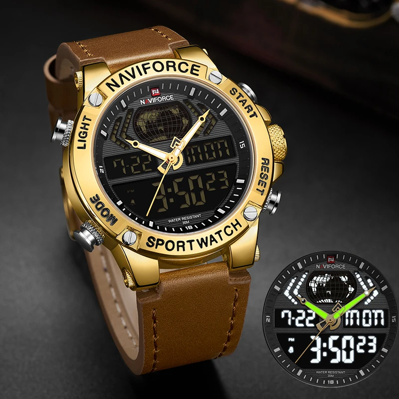 NAVIFORCE, роскошные золотые мужские часы, спортивные, светодиодный, цифровые, кварцевые часы, военные, кожа, водонепроницаемые часы для мужчин, Relogio Masculino