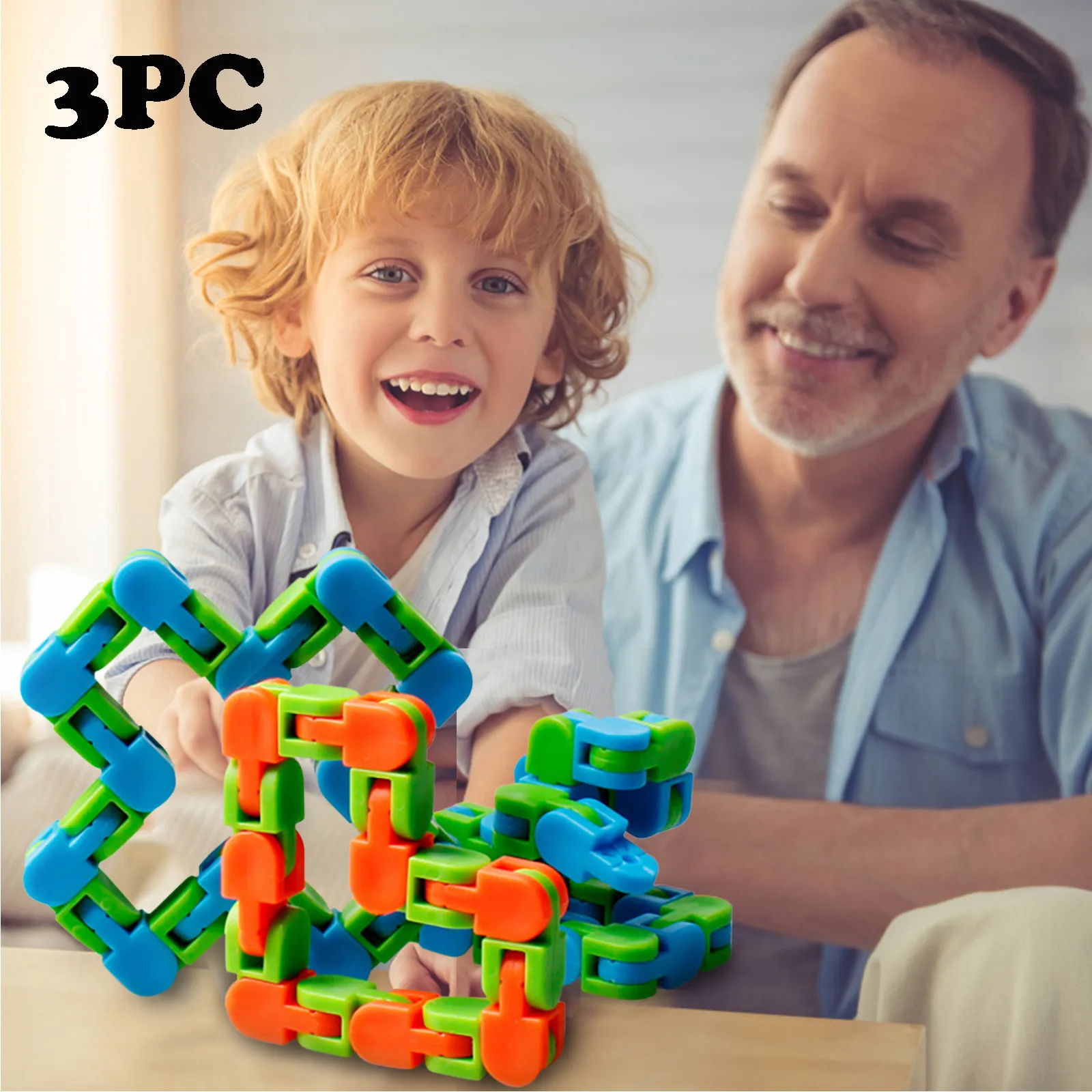 

3PC Stress Relief Fidget Toys Bicycle Track Snap Button and Shape 24 Bit Children's Autism Snake Puzzle Classic Sensory Toy