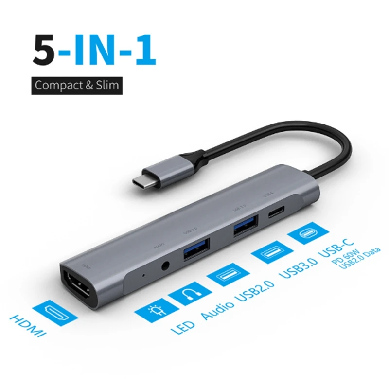 

Aluminum USB-C Docking Station 5 In1 Type C Hub HDMI USB 2.0/USB 3.0 o 3.5mm Ports Expander Adapter For PC Laptop