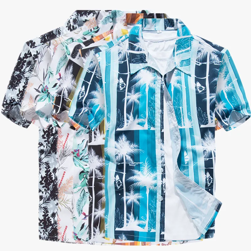 

2021 summer men's printed shirt Hong Kong Style Short Sleeve Shirt beach stretch casual loose large half sleeve lining