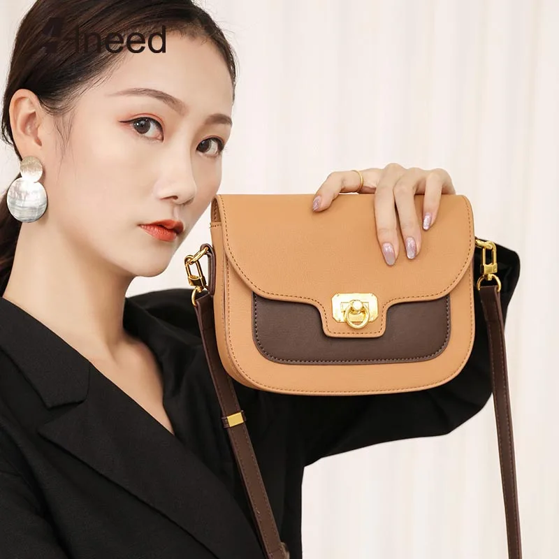 

ALNEED Genuine Leather Flap Bag Panelled Shoulder Bags Mini Crossbody Bags Lock Bags Fashionable Satchels Purses and Handbags