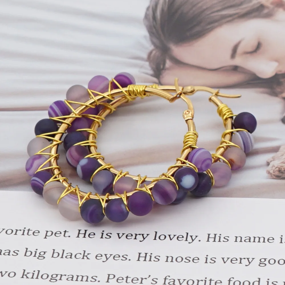 

Charming Women Boho 6MM Amethyst Agate Hoop Earring Natural Stone Circle Earrings Women's Exaggerated Ear Accessories