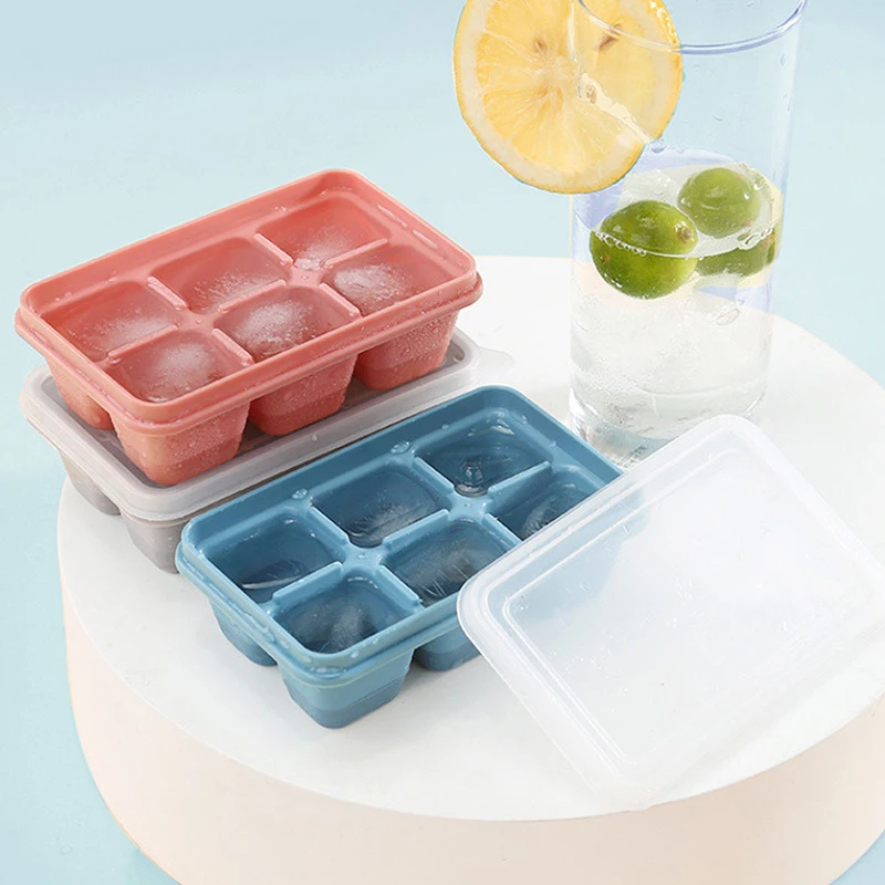 

6 Grids Food Grade Silicone Ice Tray with Lid DIY Ice Cube Soap Jelly Mold Square Shape Ice Cream Mould Kitchen Bar Accessories
