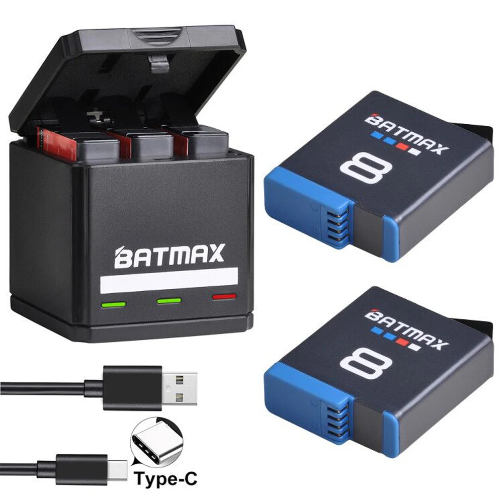 

Batmax 2Pcs 1680mAh Battery for GoPro Hero 8 Li-ion Battery Hero 8 Black Akku Accesories + USB Triple Charger with Type C Port