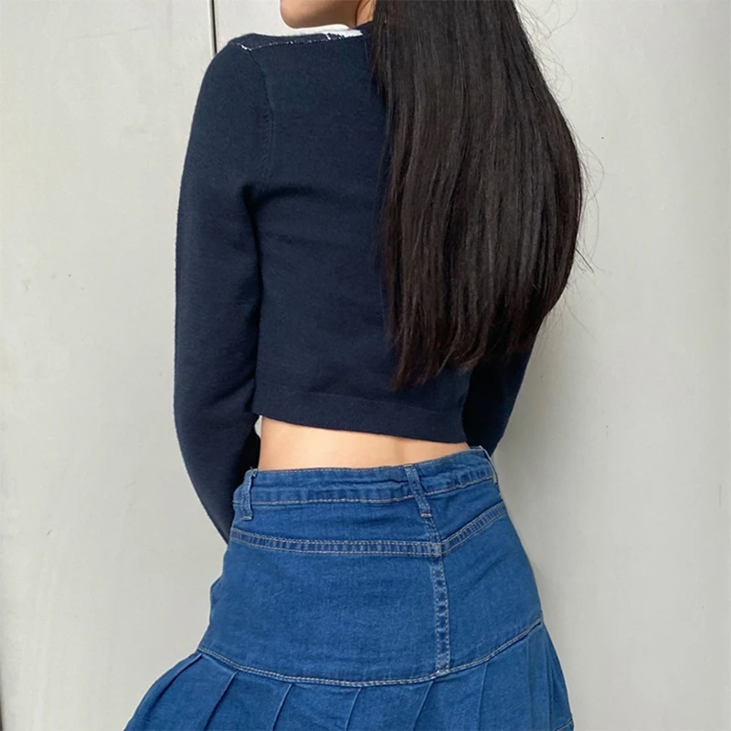 

Women England Style Sweater Coat Contrast Color Argyle Plaid Print Knit Cardigan V-Neck Button Down Long Sleeve Crop Top