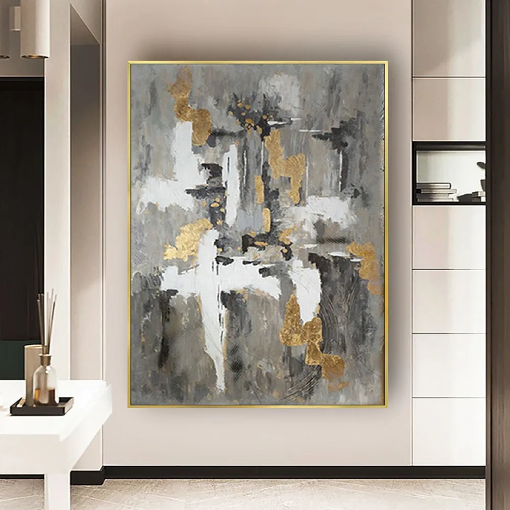 

Best selling hand-painted oil painting modern home decoration painting abstract gold foil gray white canvas painting living room