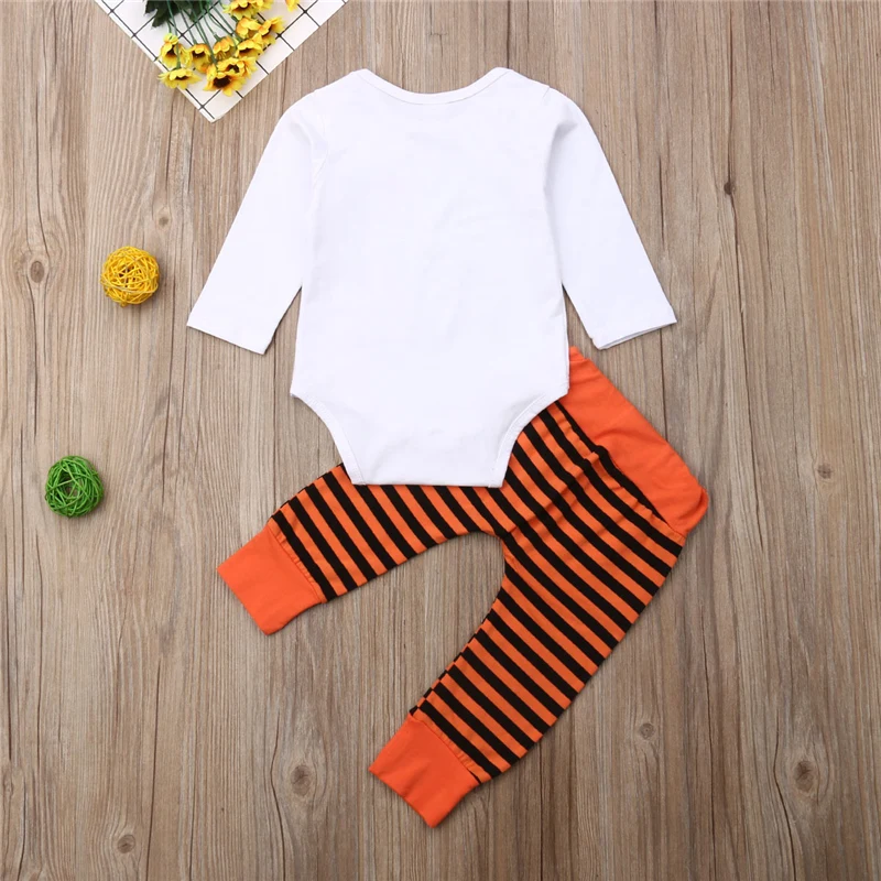0-24M Newborn Baby Boy Girl Halloween clothes Pumpkin Outfit Romper Jumpsuit+Striped Pants 2019 Autumn Clothing Set | Детская одежда и