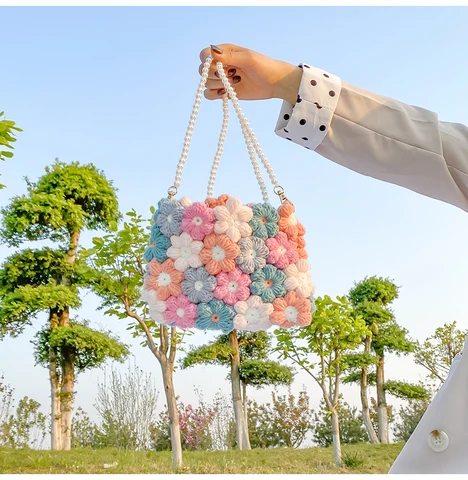 Вязаная сумка «сделай сам» с цветами, Женская хлопковая шерстяная сумка-мессенджер «маргаритки», крючком в сельском стиле с жемчужной цепочкой