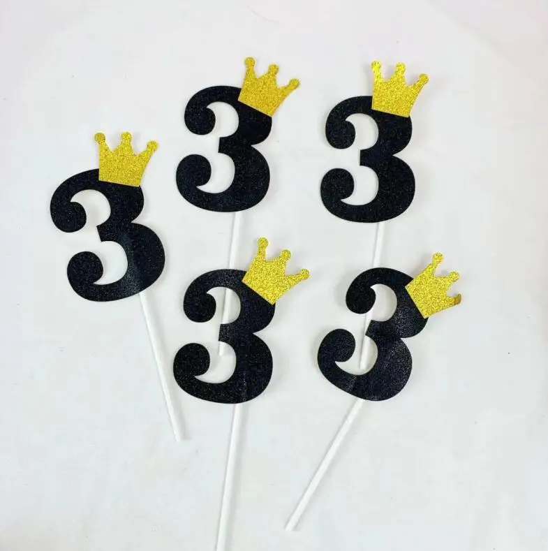 5 шт. номер Babyshower золотой черный Корона блеск персонализированный Топпер для