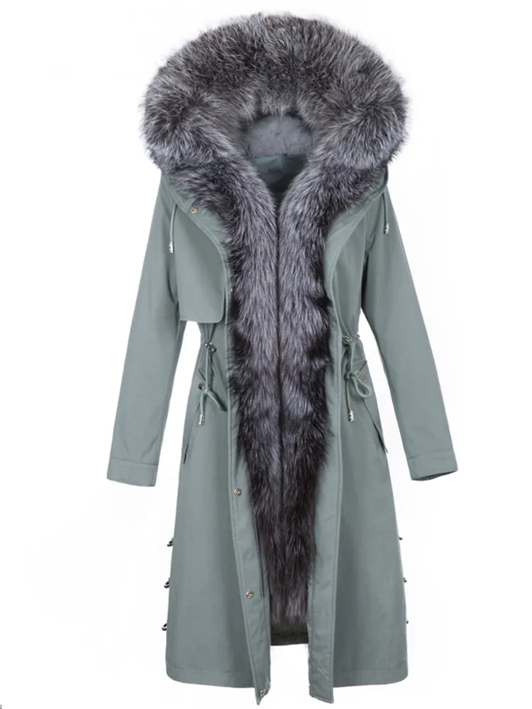 AYUNSUE, парка, пальто из натурального меха, зимняя куртка, Женская длинная куртка с кроличьим мехом, женские куртки с лисьим меховым воротником, теплое пальто MY4200
