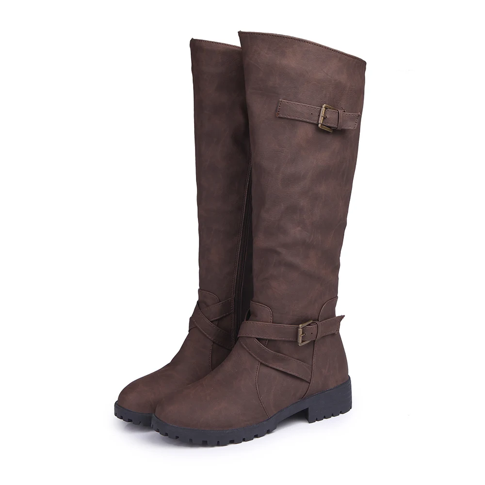 

2019 Women Knee High Boots Fashion Leather Low Heels Buckle Side Zipper Winter Riding Shoes Military Army Western Combat Boots