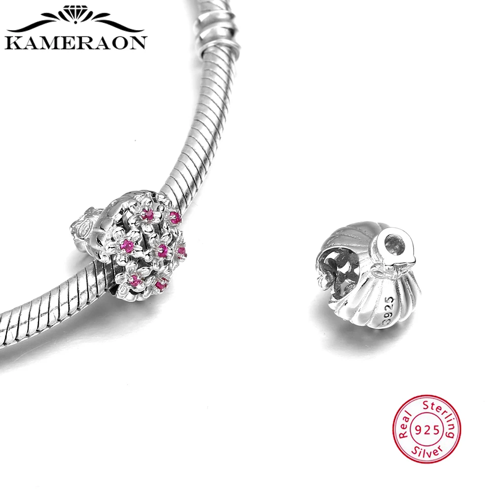

925 Sterling Silver Beads Romantic Flower Pink Charm Bead Suitable for Bracelet Necklace DIY Jewelry Zircon Halloween Jewelry