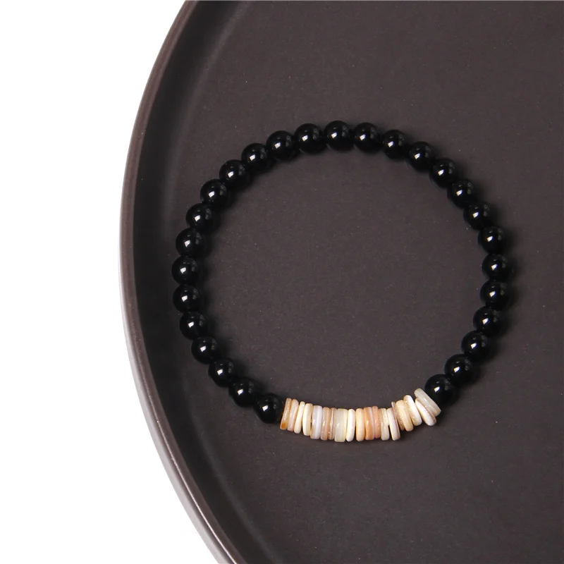 

Men Bracelets 6 mm Polished Black Onyx Agat Stone Bracelet For Women Vintage Rondelle White Mother of Pearls Shell Beads Jewelry