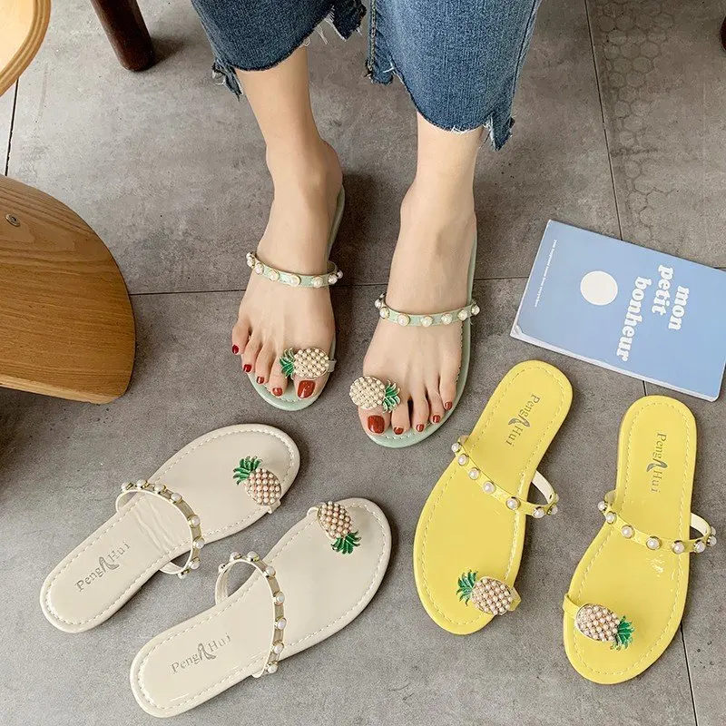 

Flat Shoes Female String Bead Woman's Slippers Low Luxury Slides Rubber Flip Flops 2021 Beach Designer Hawaiian Glitter PU Rome