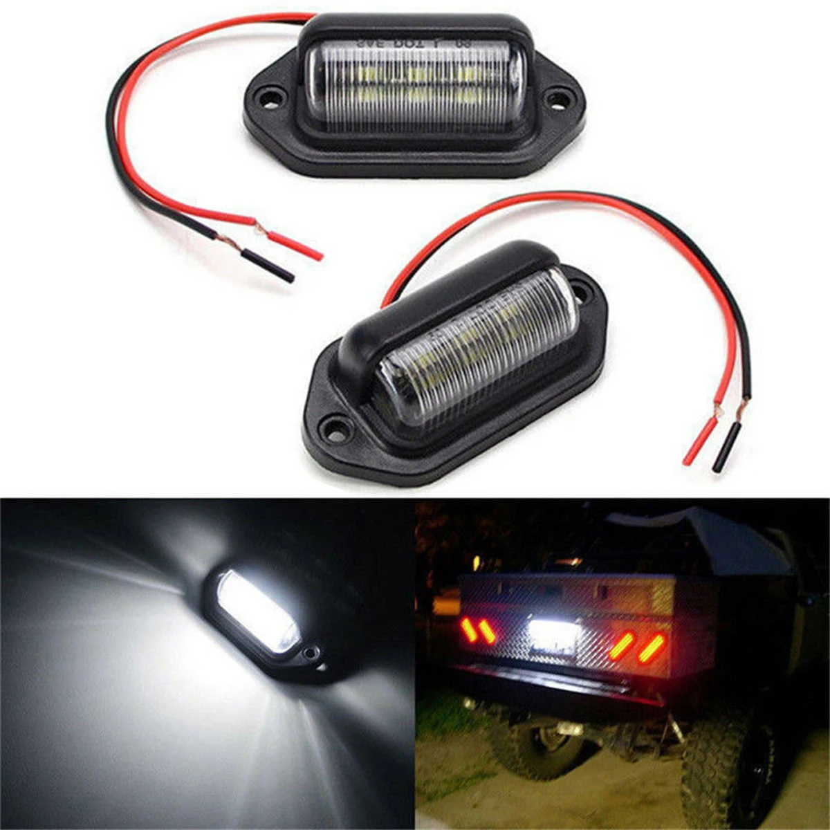 

2 Pcs Universal Black Clear High Bright 6 LED 12-24V License Plate Light Sturdy ABS Shell For Car Truck Trailer Off-Road
