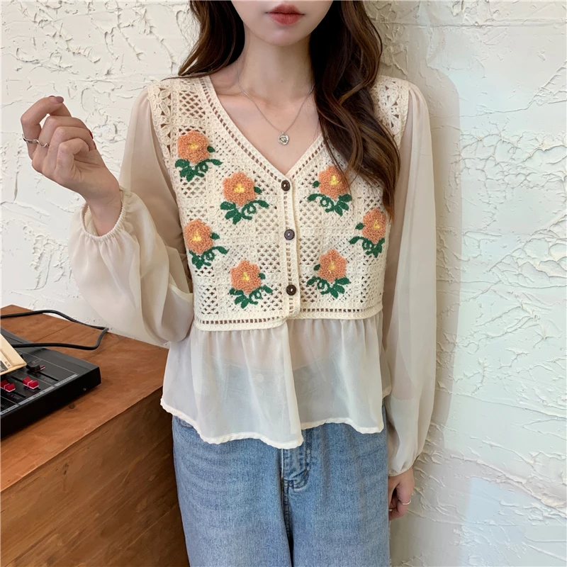 

Hzirip Thin Hot Patchwork Embroidery Flowers Gentle Femme Girls New Knitted OL High Quality V-Neck Sexy Summer 2021 Shirts