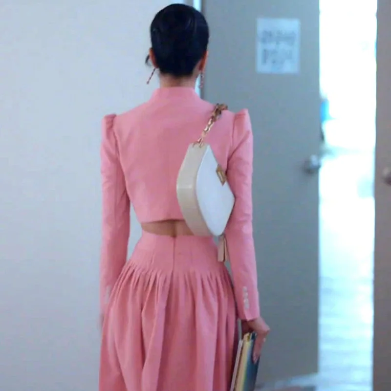 two piece set women korean fashion pink short jacket + long skirt streetwear 2 piece sets womens outfits spring clothes women