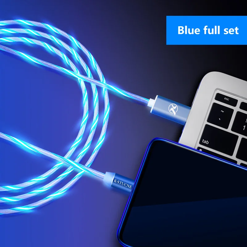 Течёт светящийся Магнитный кабель Micro usb type C адаптер для зарядки телефона Micro usb type-C магнитное зарядное устройство usb c для iphone samsung - Тип штекера: Blue