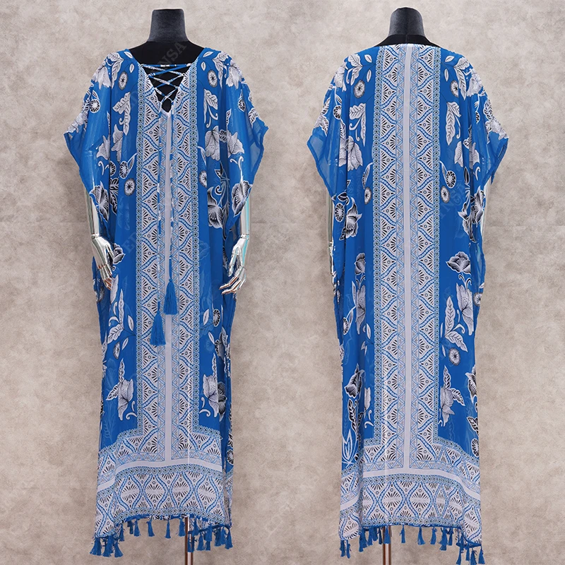 2022 голубое богемное пляжное платье на шнуровке с открытыми плечами и рукавом