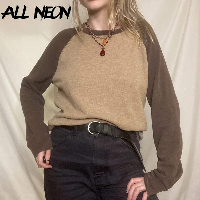 

ALLNeon 90s Retro Streetwear Patchwork Ribbed Long Sleeve Tops Y2K Aesthetics Basic O-neck Loosed T-shirts Autumn Casual Tees