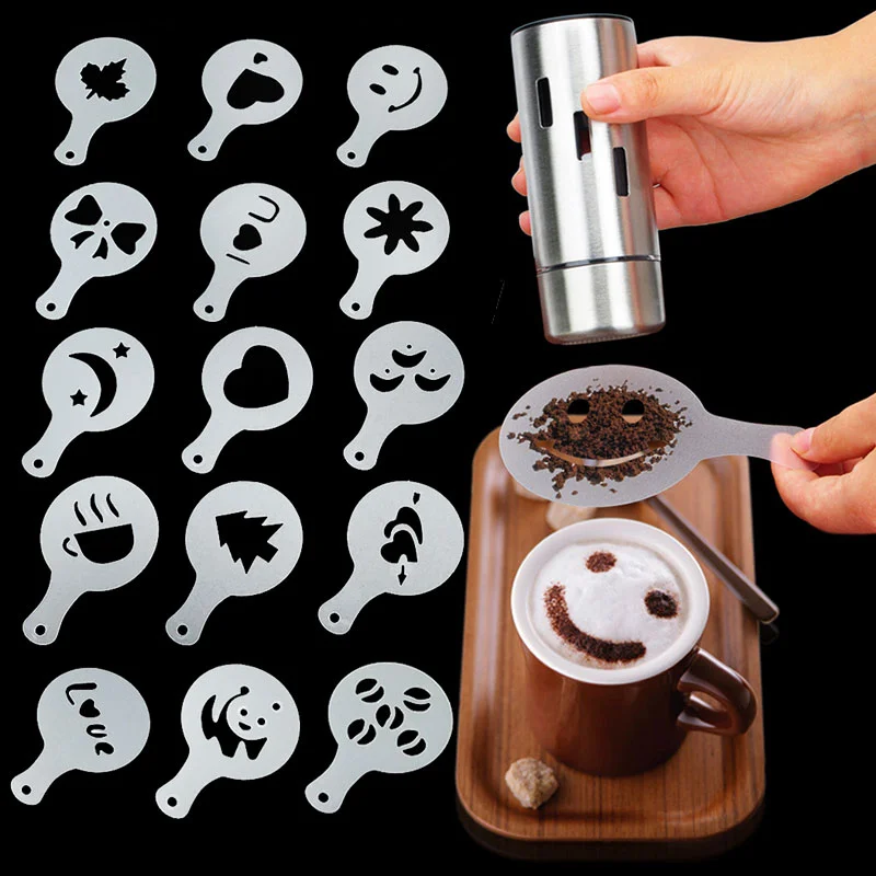 

16Pcs/Set Coffee Drawing Cappuccino Mold Fancy Coffee Printing Model Foam Spray Cake Stencils Powdered Sugar Sieve Tools