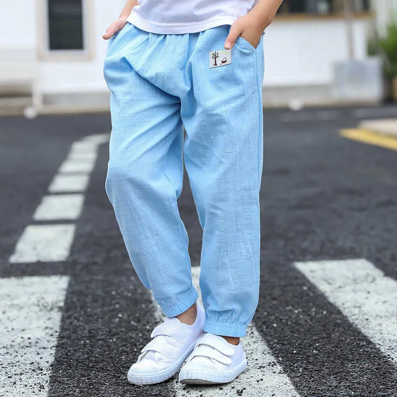 

Children Trousers For Boys Girls Cotton Linen Elastic Waist Solid Color Summer Pants Kids Clothing Long Pants 100-160cm