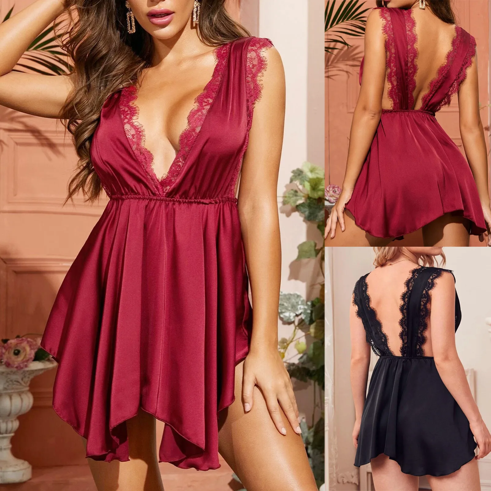 

Sexy Lingerie Women Lace Tempting Deep V-neck Halter Irregular Babydoll Lencera Latex Sexy Dress Short Ladies Plus Size