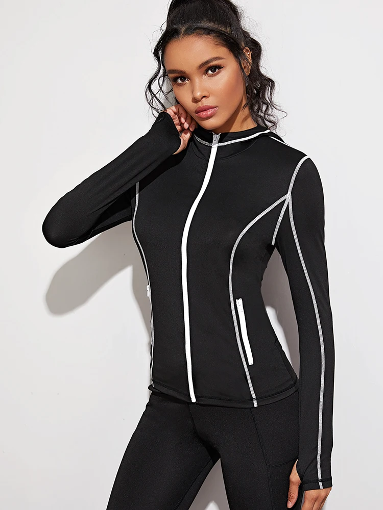 

Women's Long Sleeve Yoga Shirt Elastic Thumb Hole Sport Jacket Shirt Zipper Cardigan Workout Top with Pocket Hooded