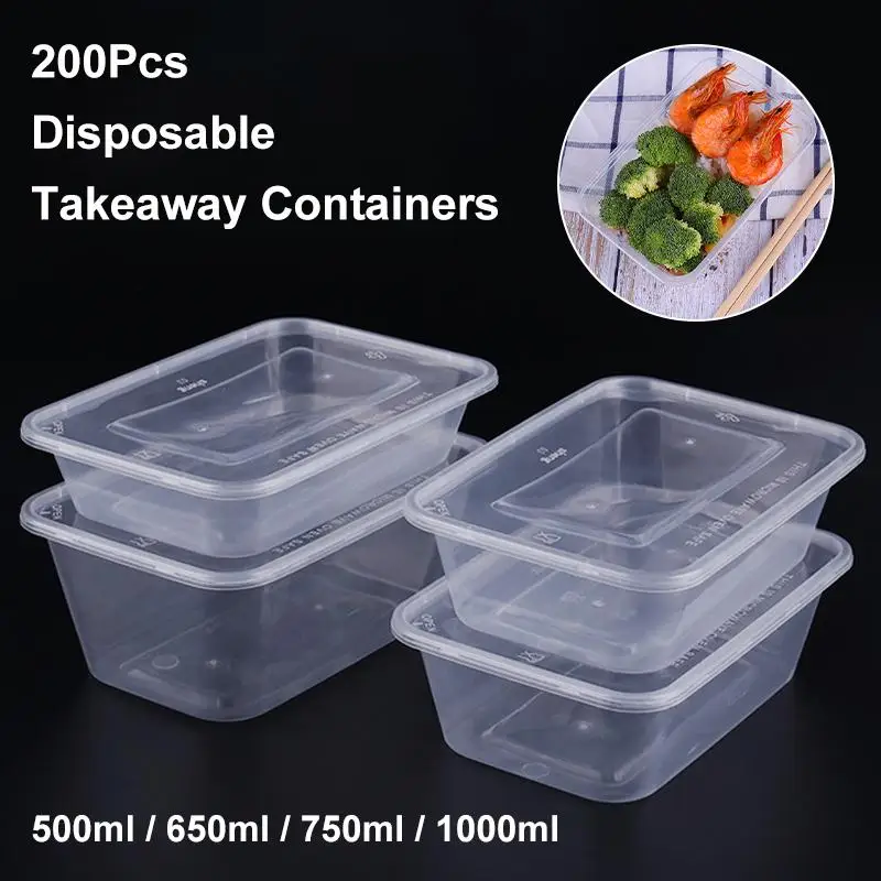 

100pcs Set Rectangular Disposable Lunch Box Plastic Takeaway Packaging Box Food Container Fruit Storage Bento Box with Lid