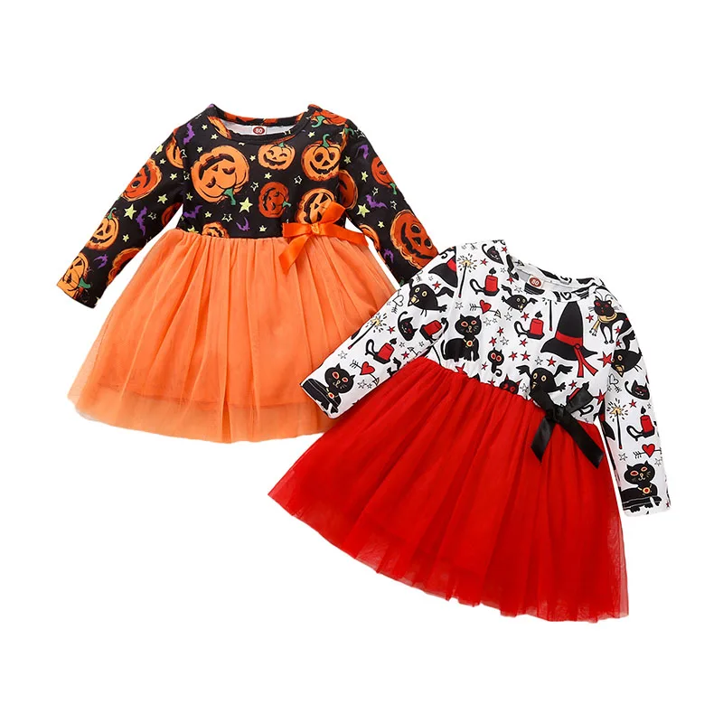 

Toddler Baby's Clothes Dress Girl’s Casual Long Sleeve Cute Halloween Costume Printing Mesh Yarn Stitching A-line Dresses