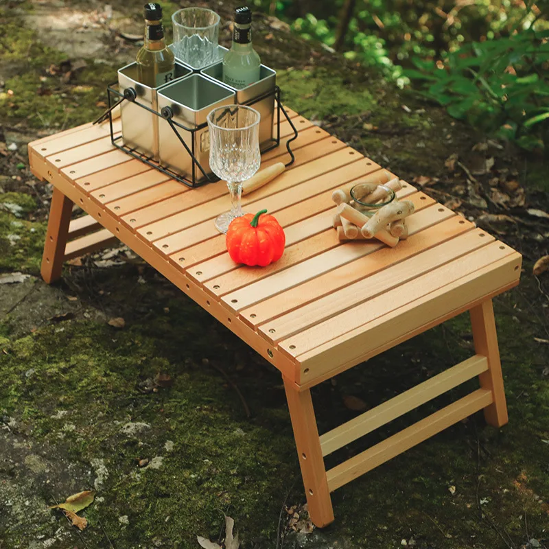 

Camping Folding Table Solid Beech Wood Spaced Desktop Built-In Screws Outdoor Picnic Fishing Home Room Coffee Tea Cooking Table