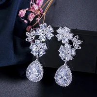 threegraces sparkling cubic zirconia flower dangle drop earrings for women new fashion wedding party jewelry accessories er704