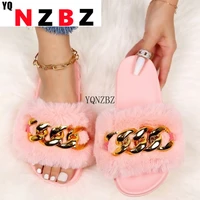 2021 winter double layer fox fur comfortable casual all matched strap slippers outdoor flat bottomed non slip women sandals