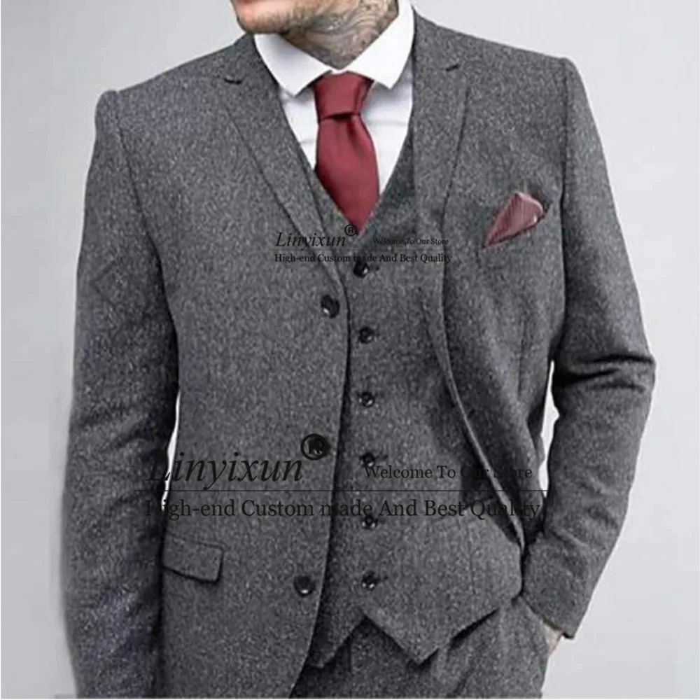 3 шт. серые твидовые мужские костюмы для свадьбы с заостренным воротником