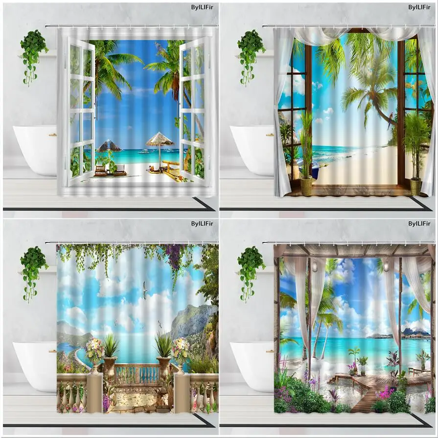 

Гавайский ландшафт, душевая занавеска, комплект, окно, пляж, пальма, океан, природный пейзаж, европейский стиль, Декор, занавеска из ткани для...